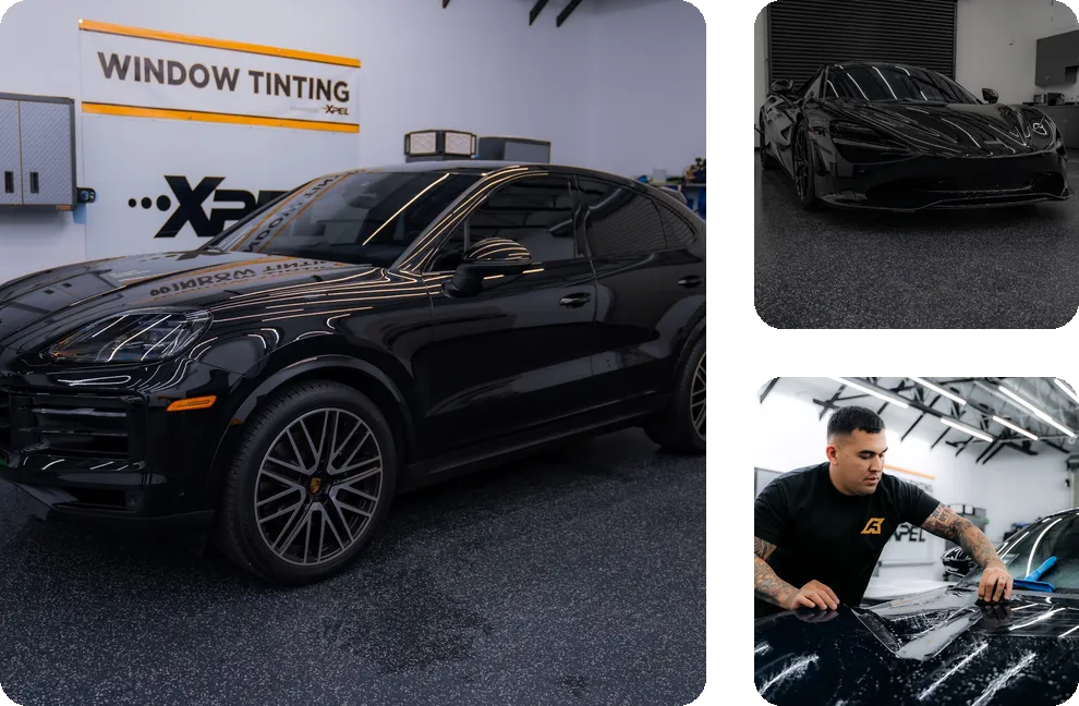A black Porsche SUV, the front of a black McLaren and an installer working film onto a black car at Apex Films in Fresno