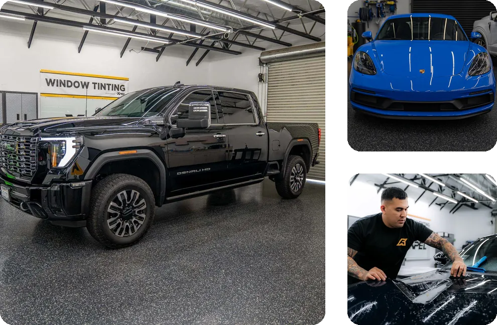 A black GMC HD truck, a blue Porsche and an installer working film onto a black car at Apex Films in Fresno