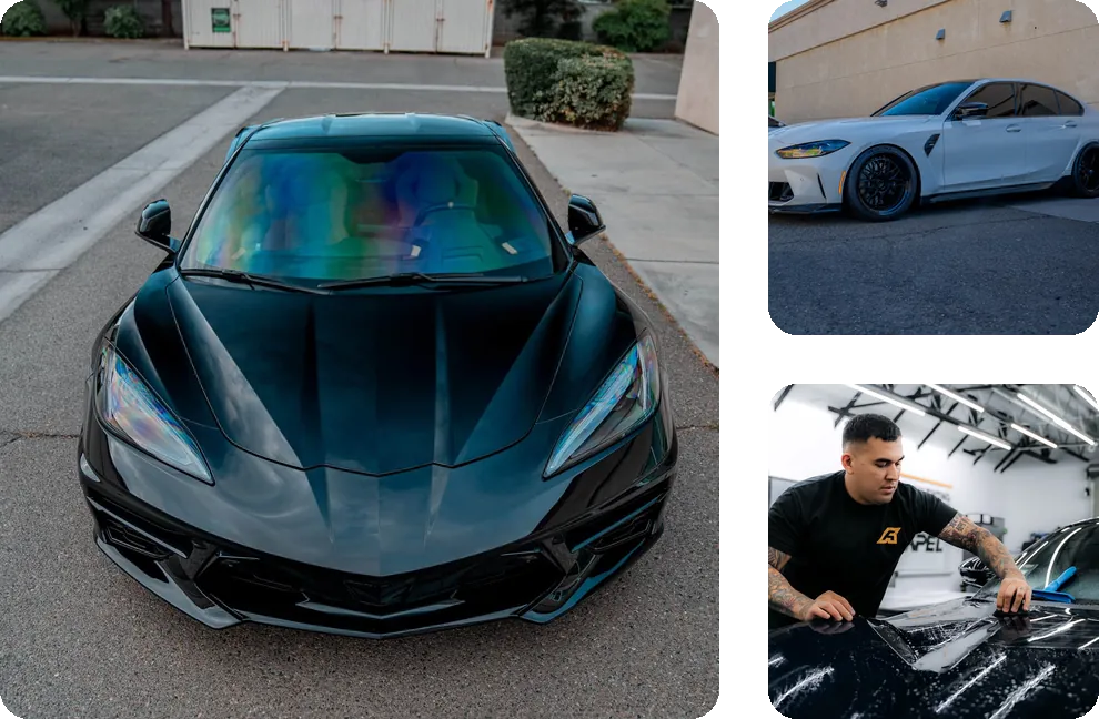 A dark Corvette C8, a white BMW M3 and an installer working film onto a black car at Apex Films in Fresno