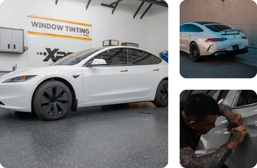 A white Tesla Model 3, a white coupe and an installer applying film to a car door at Apex Films in Fresno