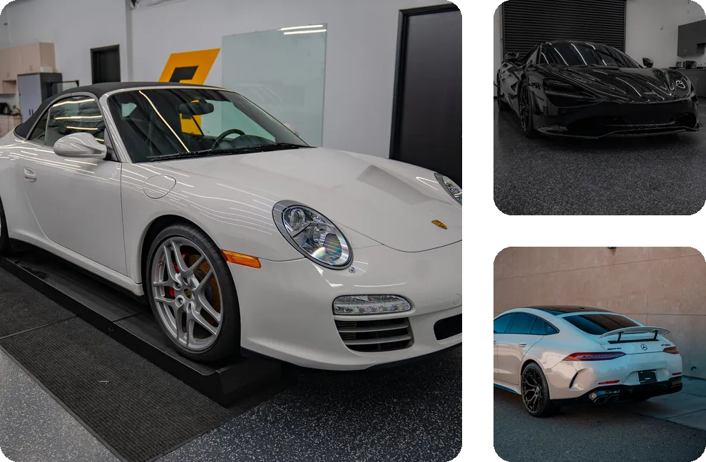 A white Porsche 911 convertible, the front of a black McLaren and a white coupe at Apex Films in Fresno