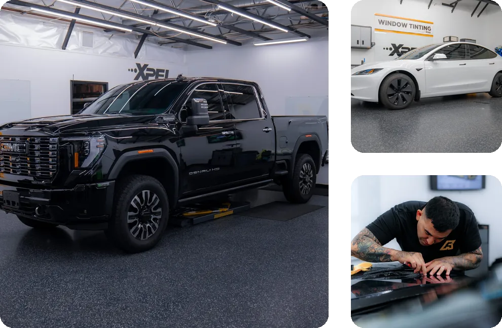 A black GMC Sierra HD, a white Tesla Model 3 and an installer squeegeeing film by hand at Apex Films in Fresno