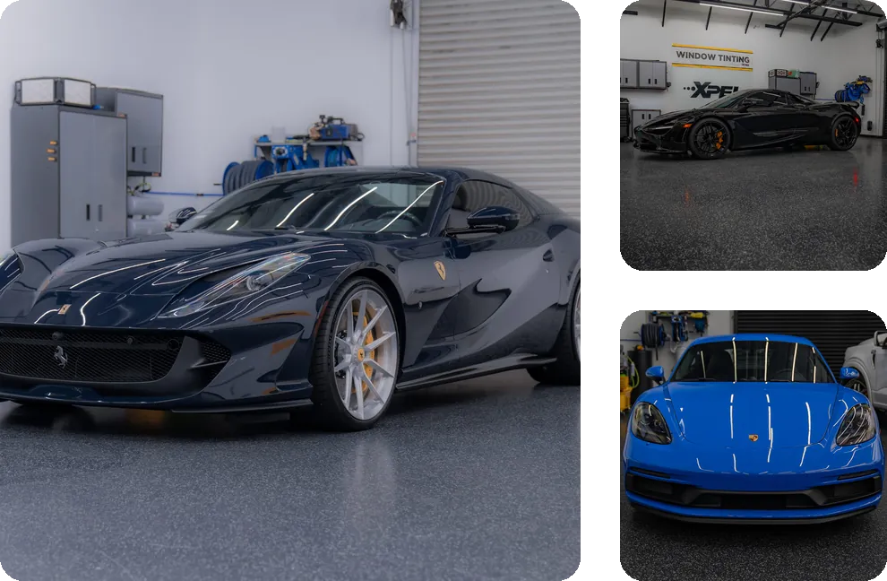 A dark blue Ferrari 812, a black McLaren in the shop and a blue Porsche at Apex Films in Fresno
