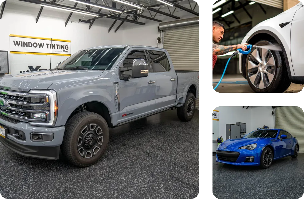 A gray Ford Super Duty truck, a white Tesla getting its wheels rinsed and a blue Subaru BRZ at Apex Films in Fresno