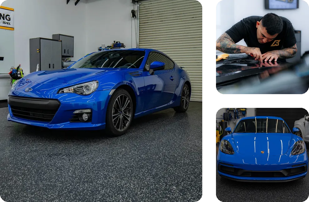 A blue Subaru BRZ, an installer squeegeeing film by hand and a blue Porsche at Apex Films in Fresno