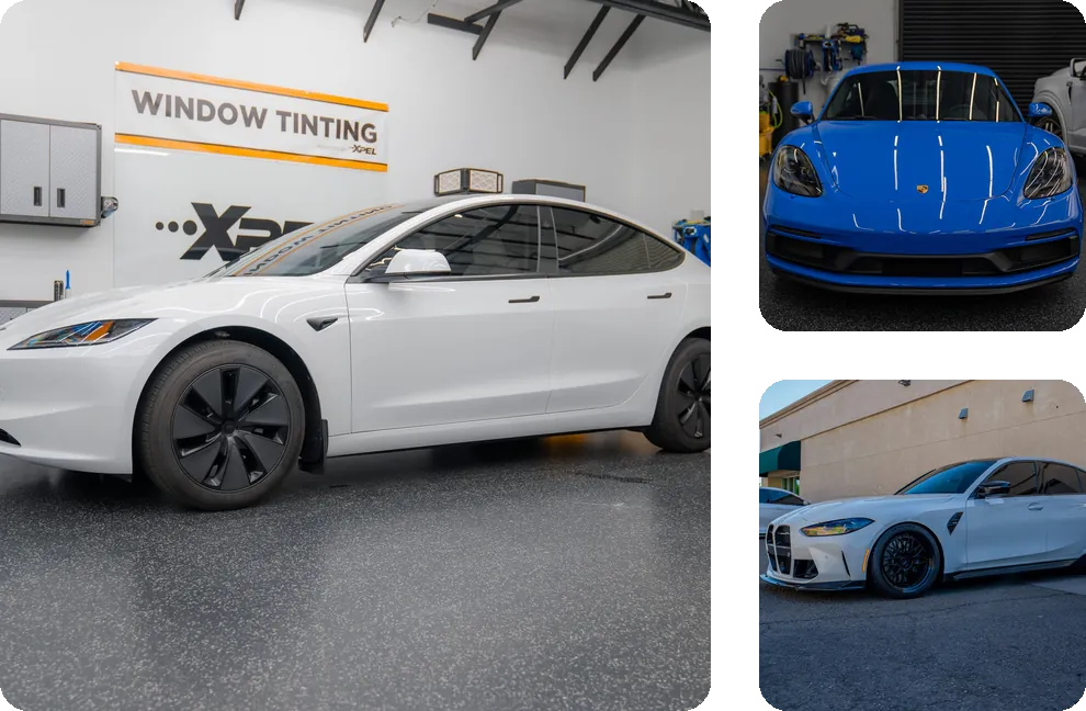 White Tesla Model 3, blue Porsche and white BMW M3 photographed at Apex Films in Fresno